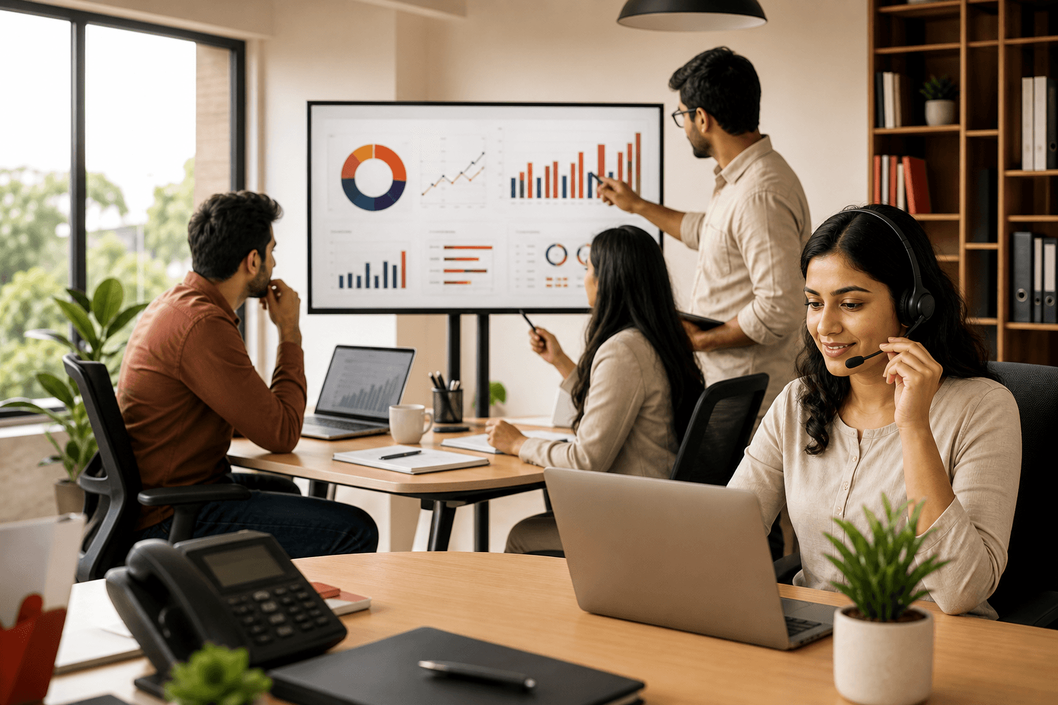 A realistic marketing and tele-sales team reviewing campaign analytics in a modern office